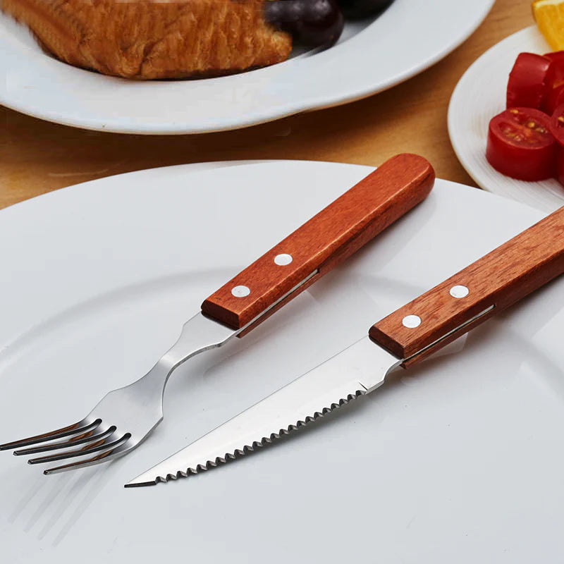 Set thikë dhe pirun me dorezë druri për SteakHouse (2 copë)
